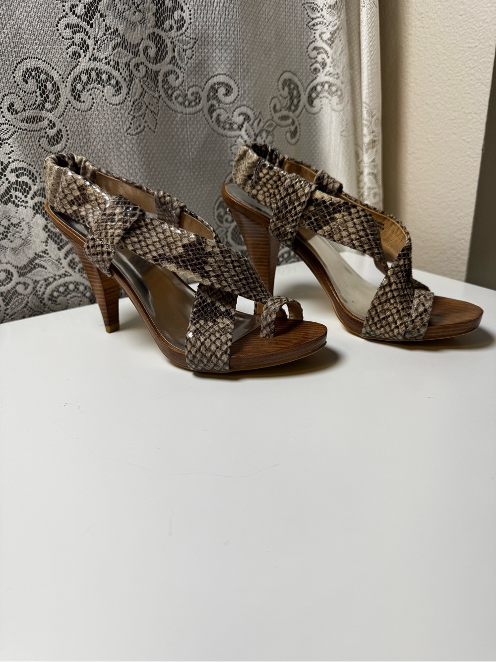 Michael Kors Snakeskin-Pattern High Heel Platform Slingbacks, Size 6.5